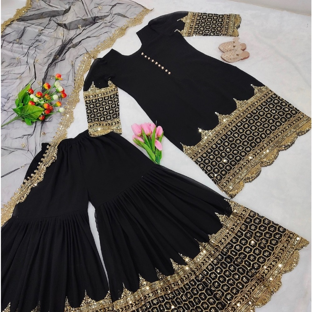 Wedding Wear Black Kurta Sharara Set with Duppatta, Pakistani Georgette 3pcs